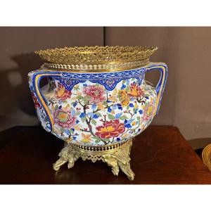 Important cache pot en faïence de Gien monté bronze de le goût de Édouard Lièvre 