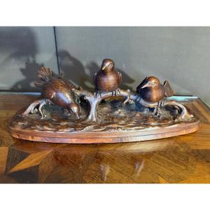 Wood Sculpture Of Three Birds Signed A. Fournials