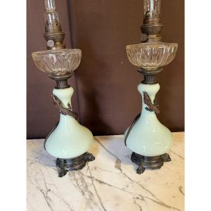Pair Of Celadon-green Kerosene Lamps Decorated With Bronze Lizards