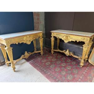 Paire de consoles en bois doré de style Louis XIV époque Napoléon III de la maison Gallais à pr