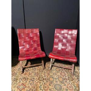 Pair Of Armchairs Covered In Very Thick Vintage Leather