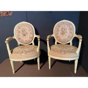 Pair Of Louis XVI Style Medallion Armchairs Covered With Aubusson Tapestry