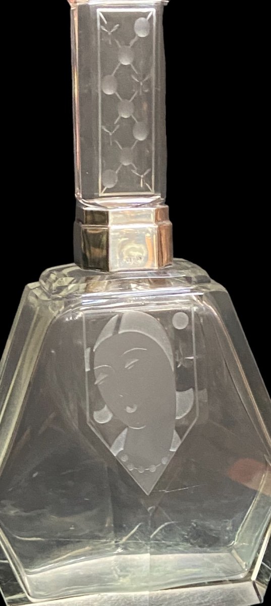 Rare Carafe Gravée Art Déco En Cristal Argenterie Maison Delheid -photo-2