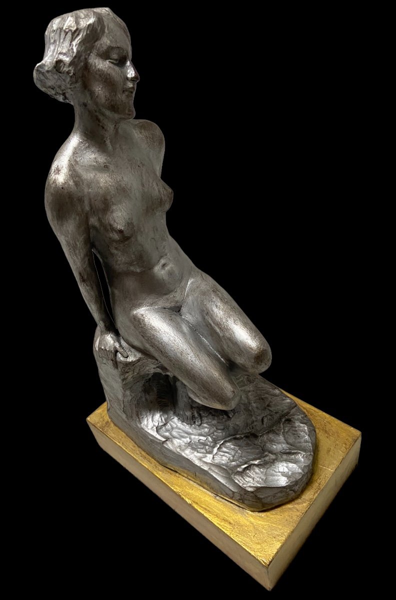 Carved Wood Young Girl On The Rock B.tuerlinckx