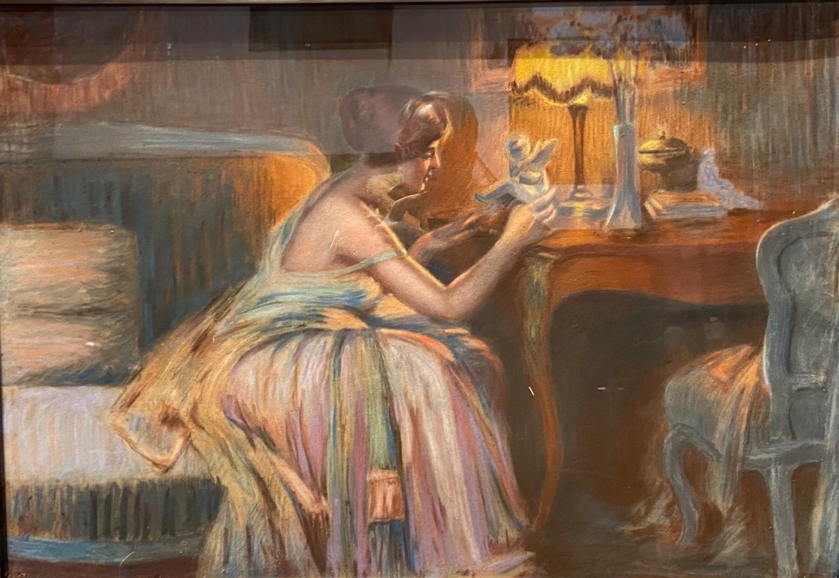 Pastel Jeune Femme Devant La Sculpture En Porcelaine Style Enjolras-photo-2