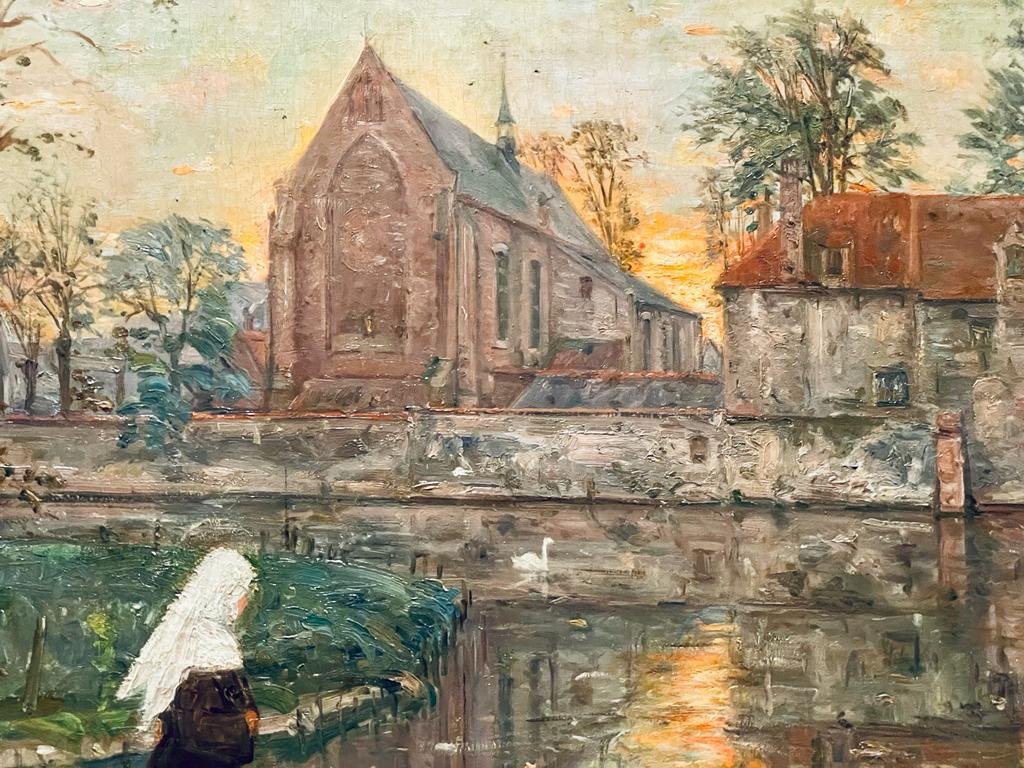 Painting Beguinage Of Bruges - Oil On Canvas - Signed Léon Cassel - French Artist-photo-3