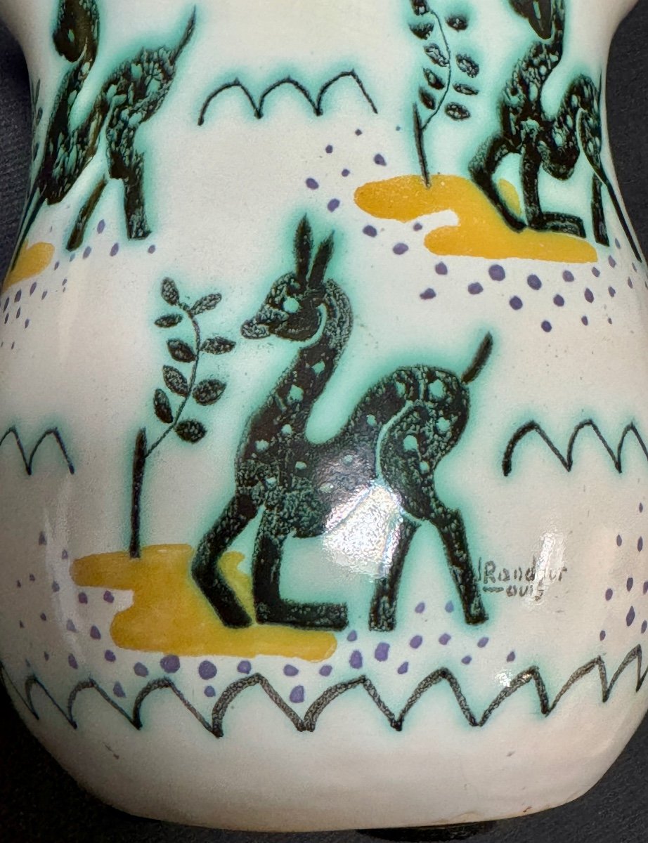 Louis Randour - Tronconic Stoneware Vase Decorated With Fawns In Stylized Vegetation-photo-4