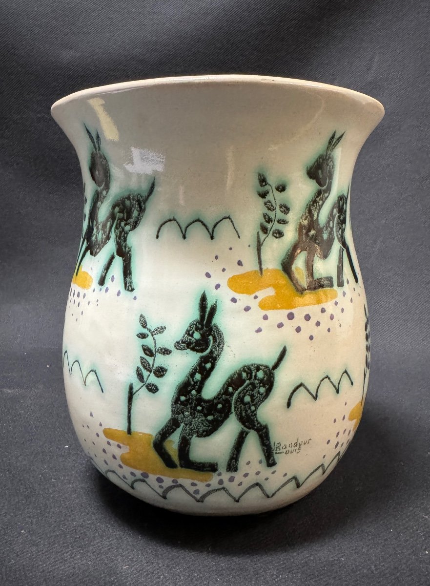 Louis Randour - Tronconic Stoneware Vase Decorated With Fawns In Stylized Vegetation