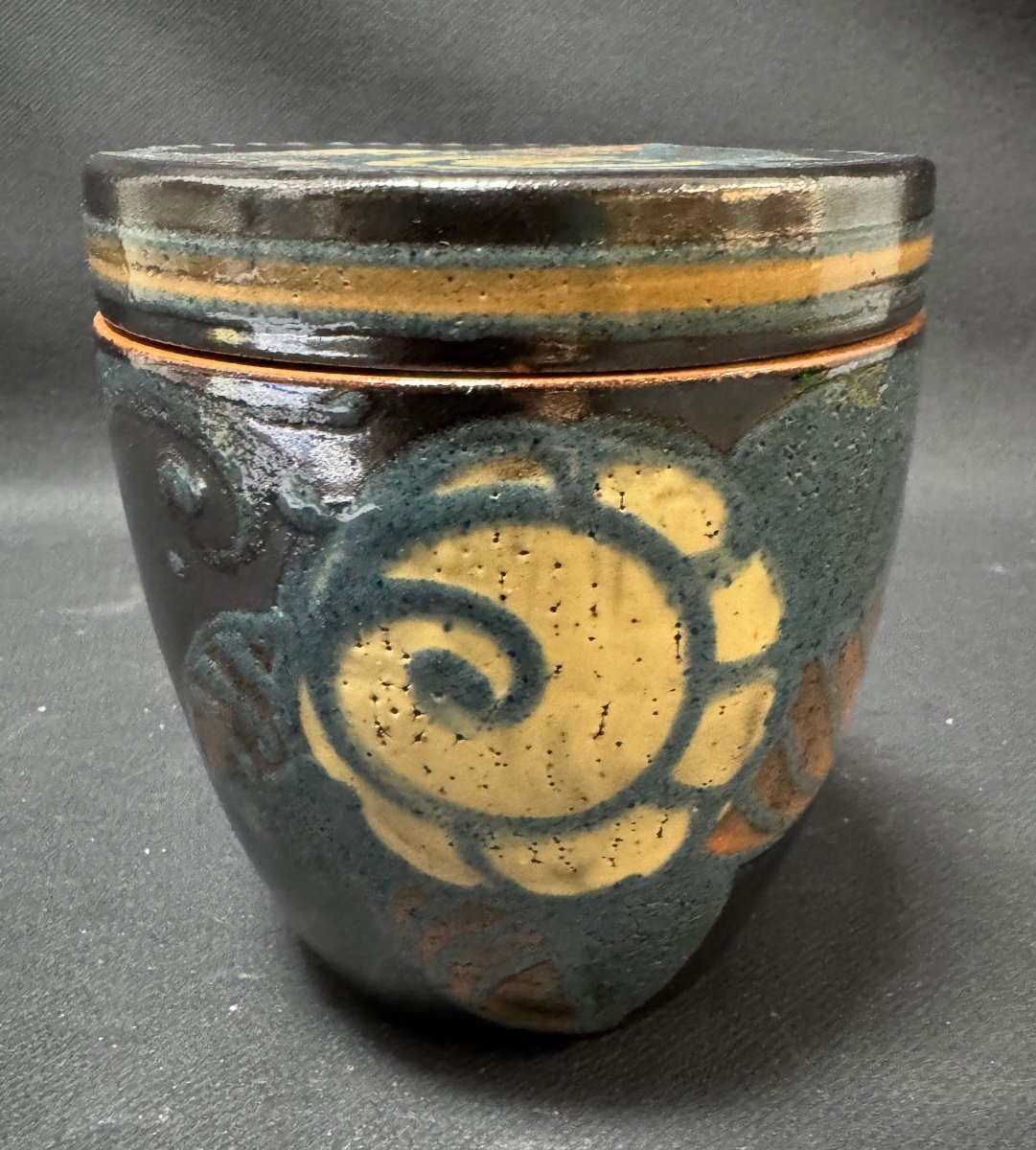 Paul Jacquet - Covered Pot In Glazed Coat, Stylized Floral Decor On A Glossy Black Background