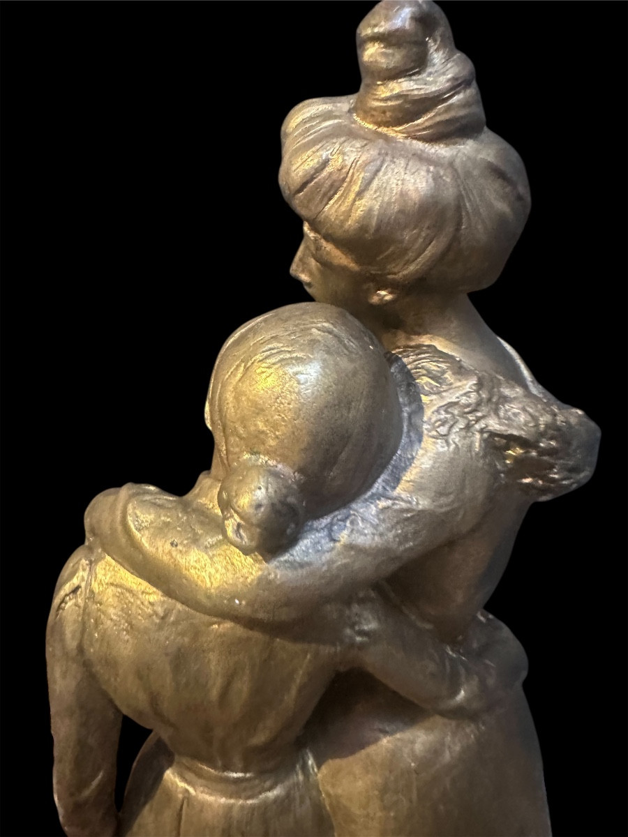 La mère et sa fille bronze doré -photo-3