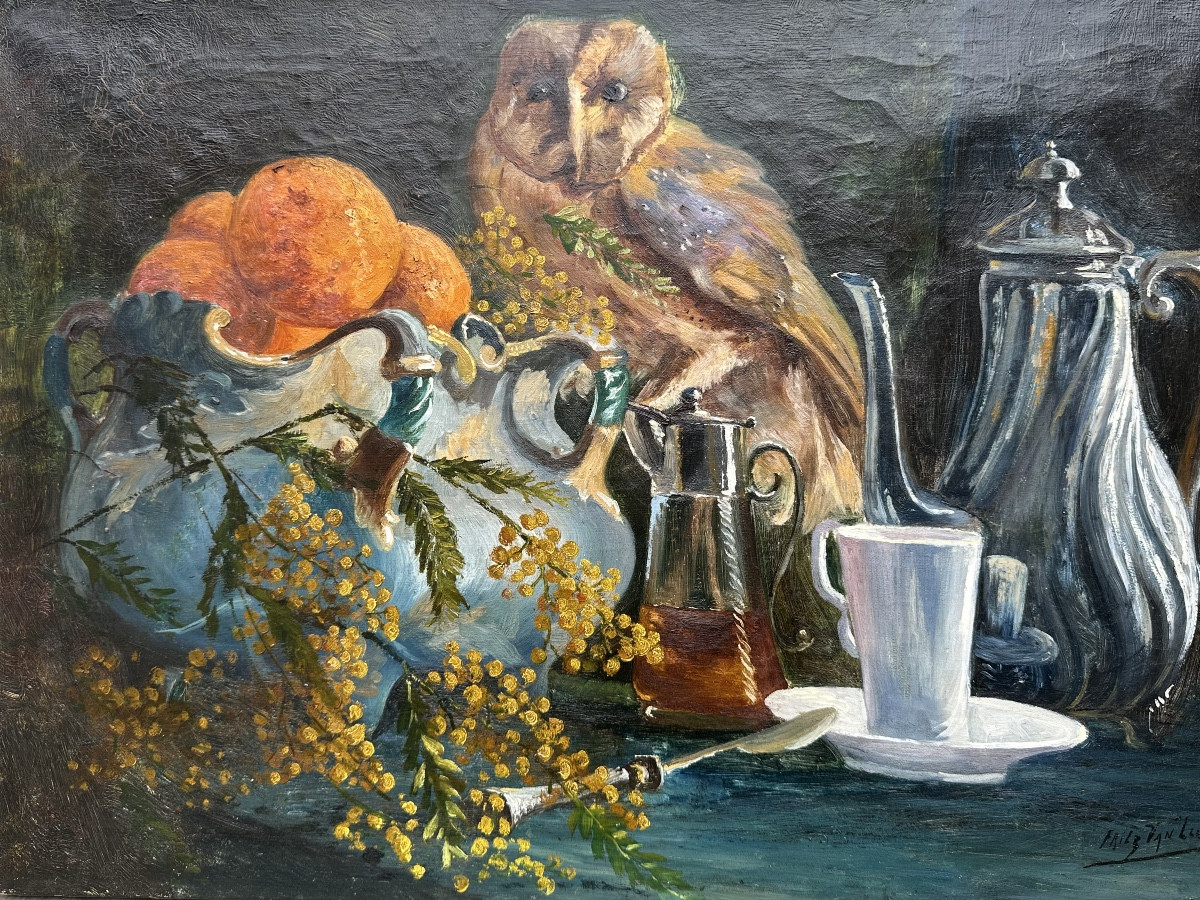 Still Life With Owl, Flemish School Circa 1909-photo-3