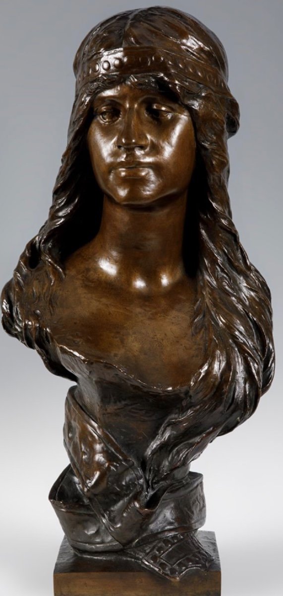 Buste d'Une Femme Orientale, Bronze - Albert Hambresin Belgique -photo-3