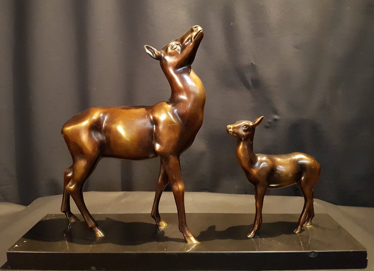 Bronze Group, Doe And Fawn, Art Deco - Soleko