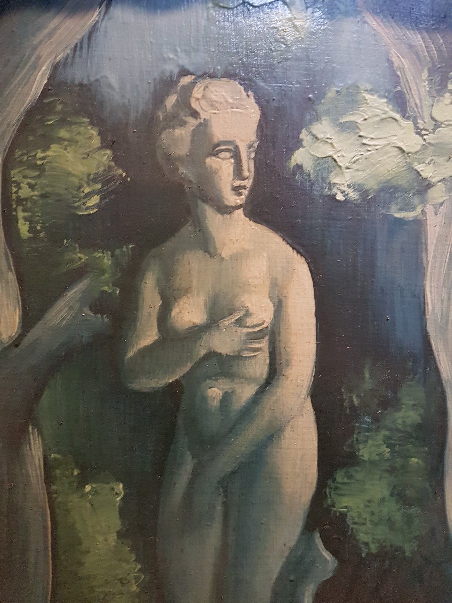 Statue Dans Le Forêt, Huile Sur Panneau - Pierre Dequenen-photo-2