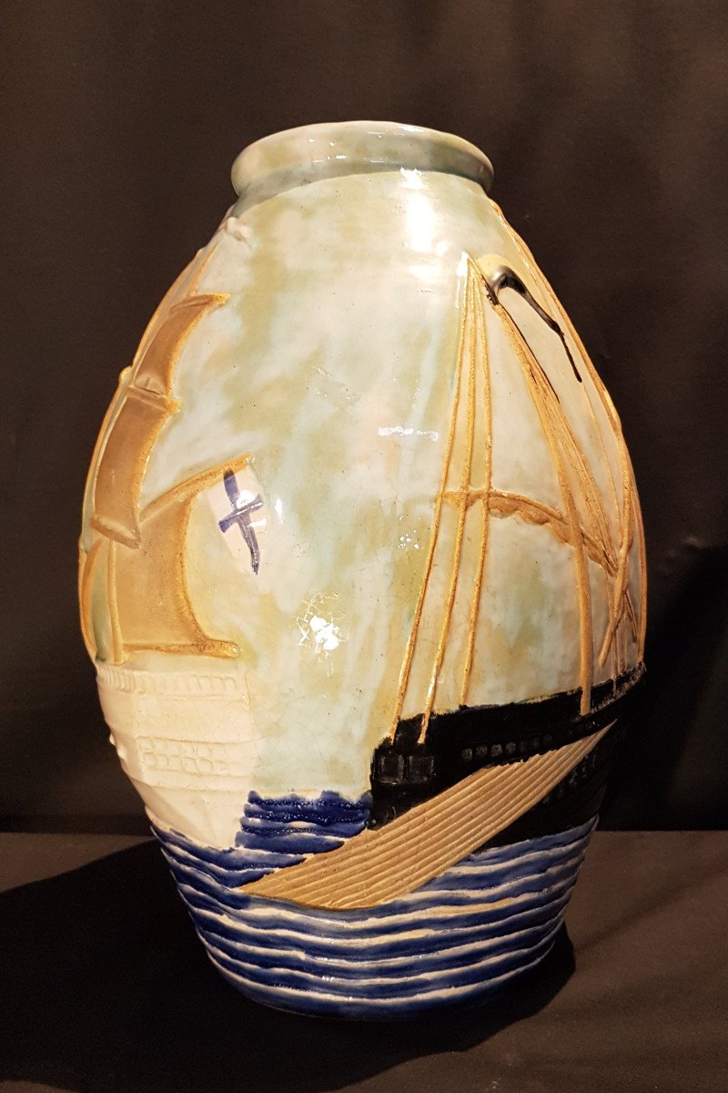 Vase En Faïence, Voiliers - Jean Van Dongen circa1950-photo-2