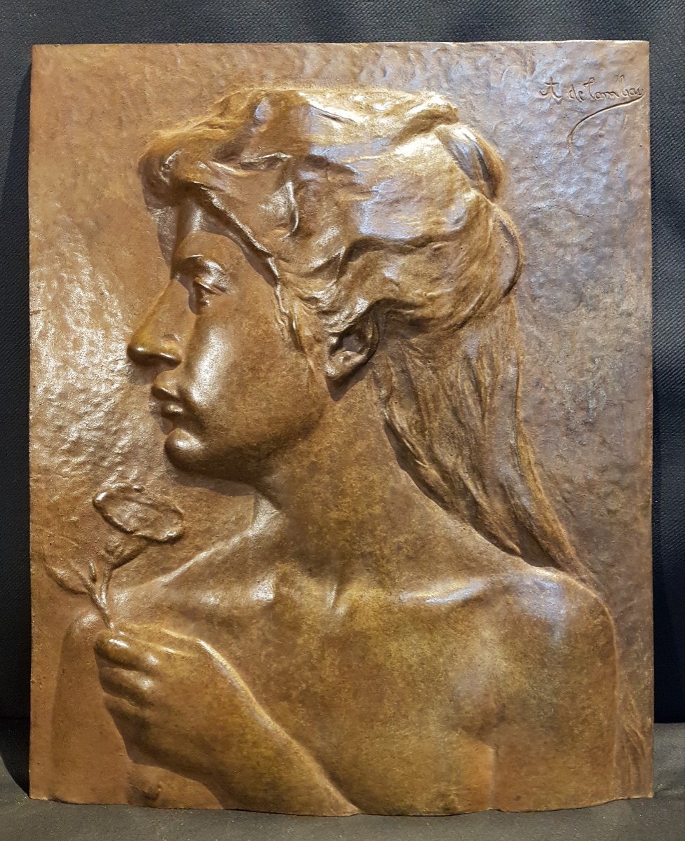 Portrait De Femme, Bas Relief En Bronze - Alphonse De Tombay symboliste 
