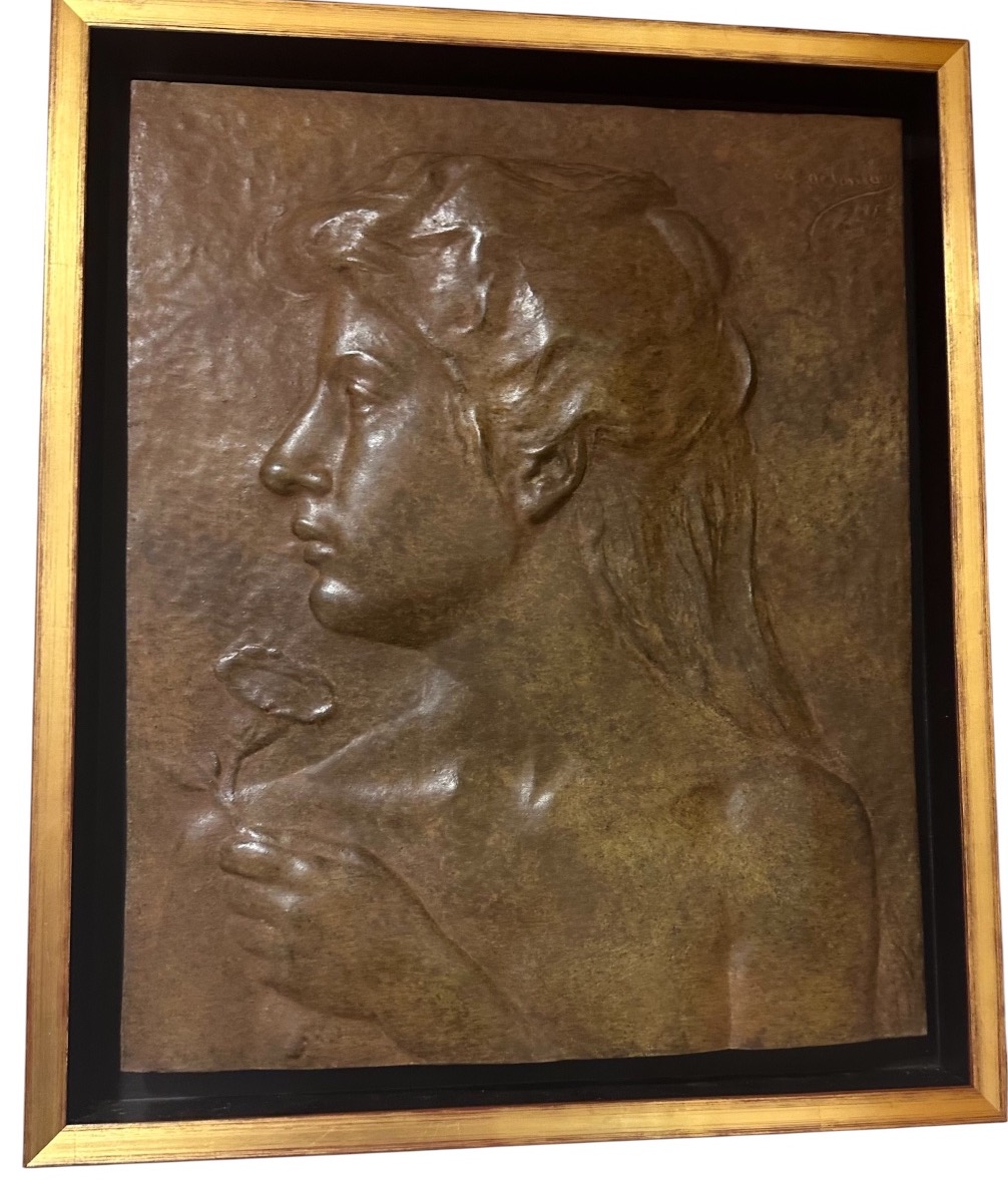Portrait De Femme, Bas Relief En Bronze - Alphonse De Tombay symboliste 