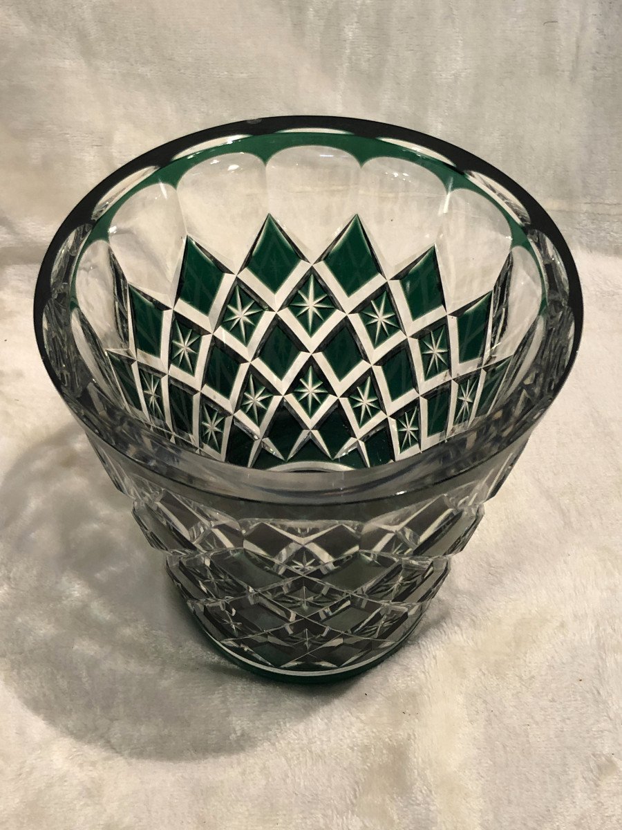 Vase En Cristal - Val Saint Lambert - Vert - Art-déco - 14 X 15cm-photo-2