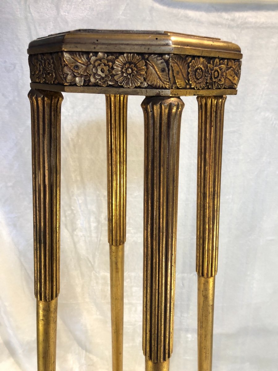 Art-deco Base - Carved Wood With Marble - Stylized Flowers - Gold Patine -photo-2