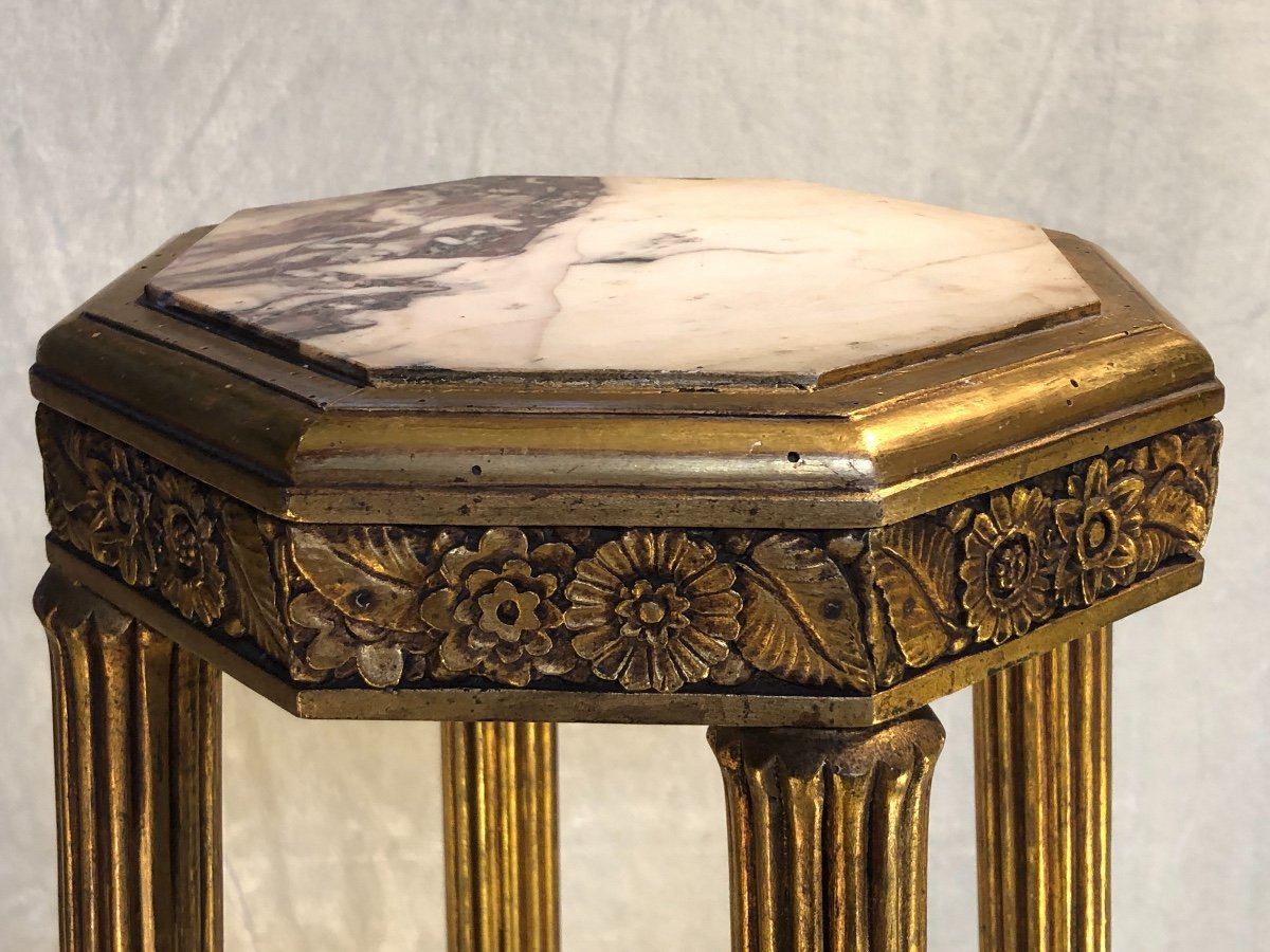 Art-deco Base - Carved Wood With Marble - Stylized Flowers - Gold Patine -photo-3