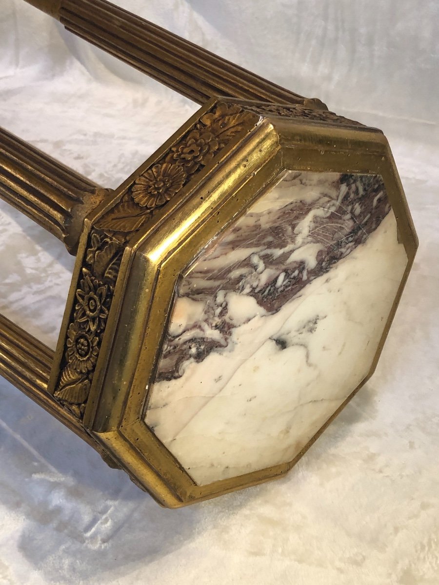 Art-deco Base - Carved Wood With Marble - Stylized Flowers - Gold Patine -photo-3