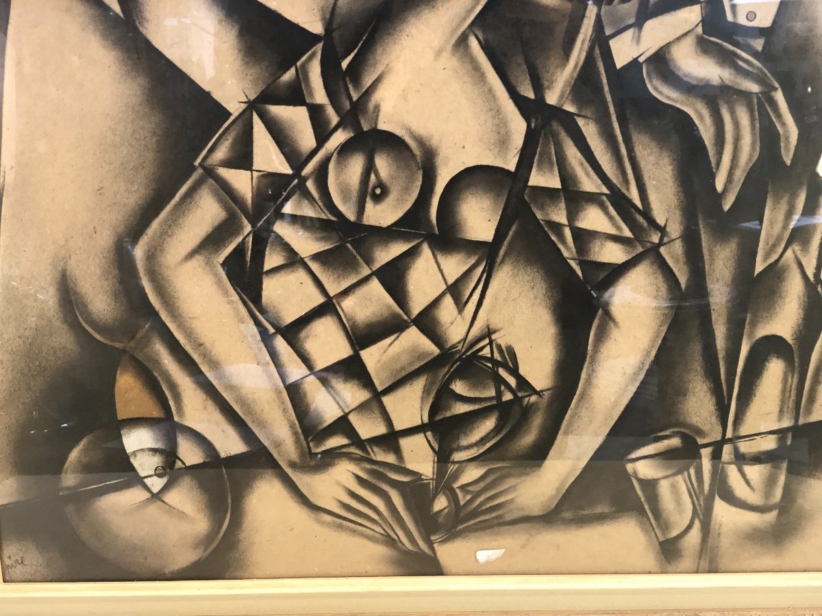 Charcoal On Cardboard - Ferdinand Pire - Unity - Cubist Portraits - Signed - 73 X 82cm-photo-3