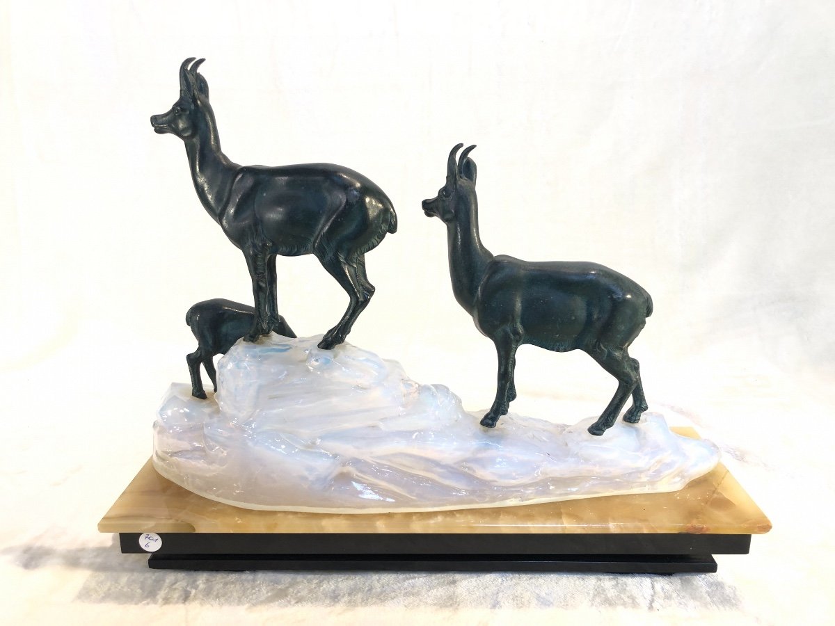 Bronze Animalier Art-deco - Lampe Dans l'Opaline - Non Signé - 14x44x36cm-photo-4