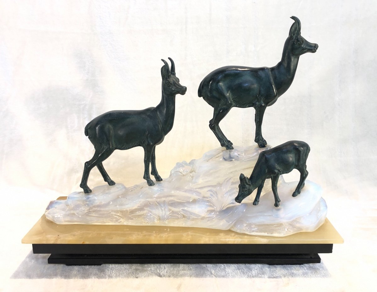 Bronze Animalier Art-deco - Lampe Dans l'Opaline - Non Signé - 14x44x36cm