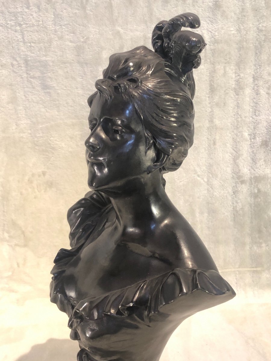 Bust Of Woman With Hat, Pewter Sculpture - W. Herring Paris - Blow At The Base (to Restore)-photo-2