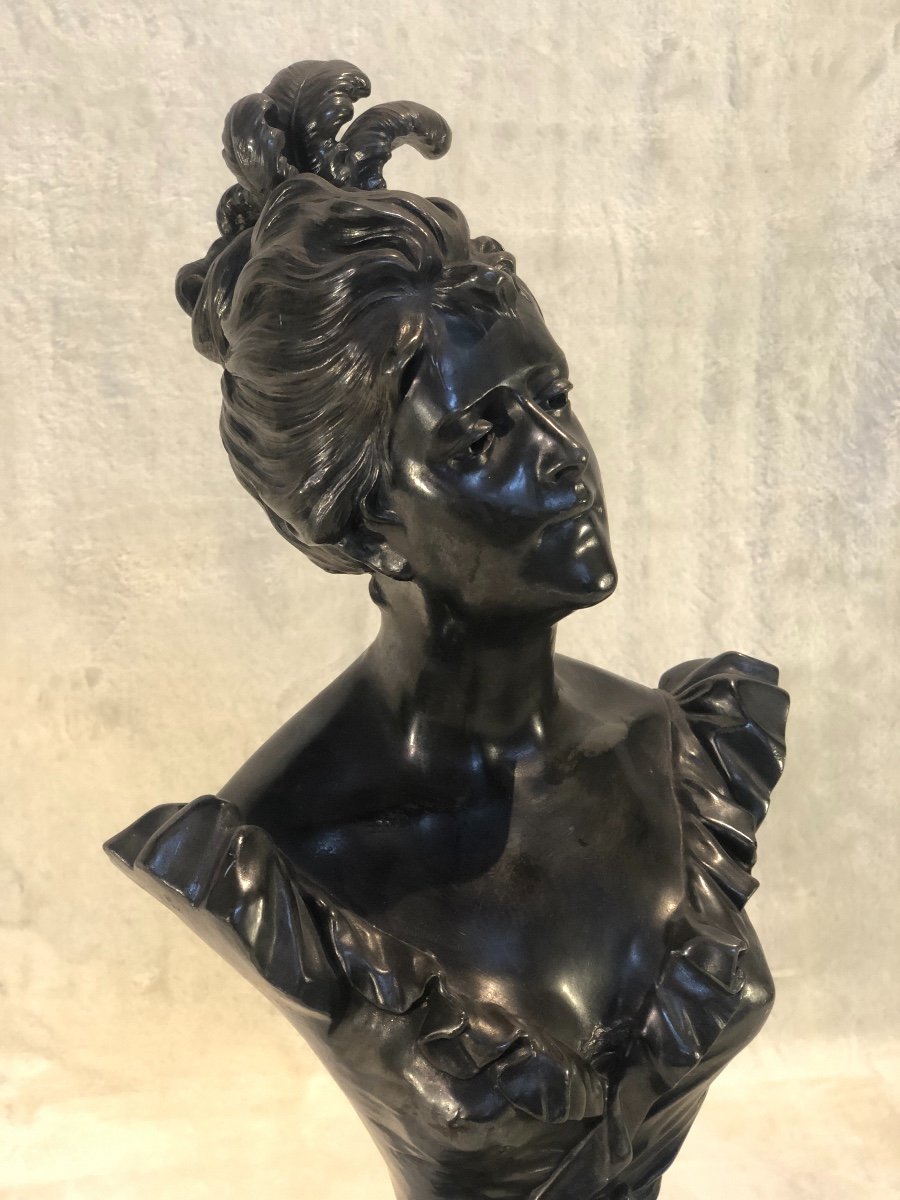 Buste De Femme Au Chapeau, Sculpture En étain - W. Hareng Paris - Coup à La Base (à Restaurer)-photo-3