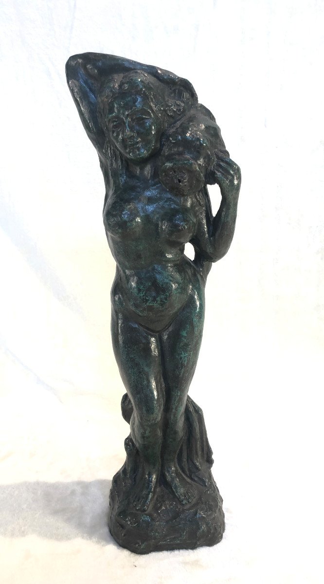 Sculpture En Bronze/fontaine - Femme à La Cruche - 13 X 47cm - Circa 1950