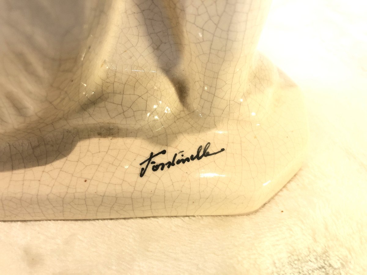 White Cracked Earthenware - Le Renard - Signed: Fontinelle - Base: 9 X 23cm - H. 23cm-photo-3