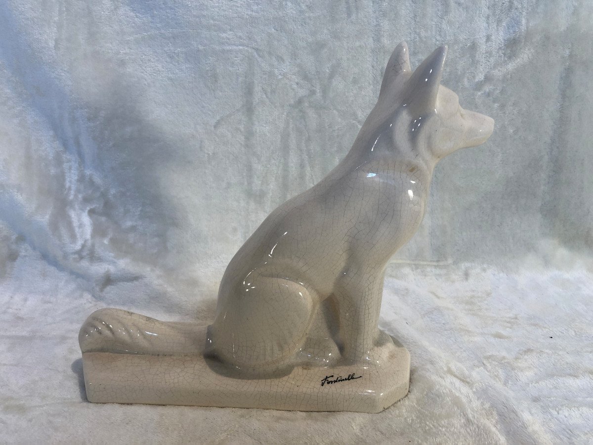 Faïence Craquellée Blanche - Le Renard - Signé: Fontinelle - Base : 9 X 23cm - H. 23cm