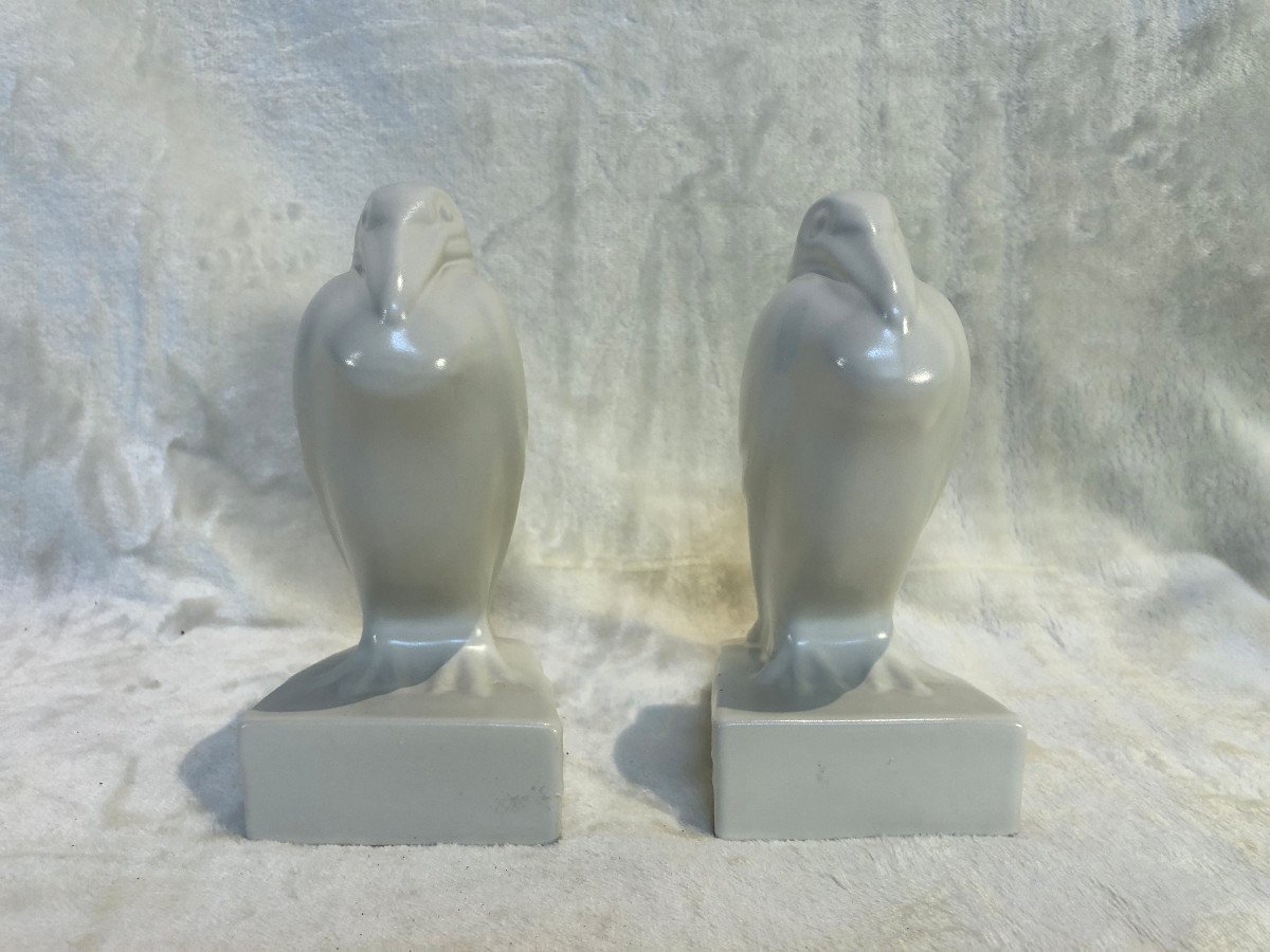 White Cracked Earthenware - 2 Pelicans - Unsigned - Base: 8 X 10cm - H. 18cm