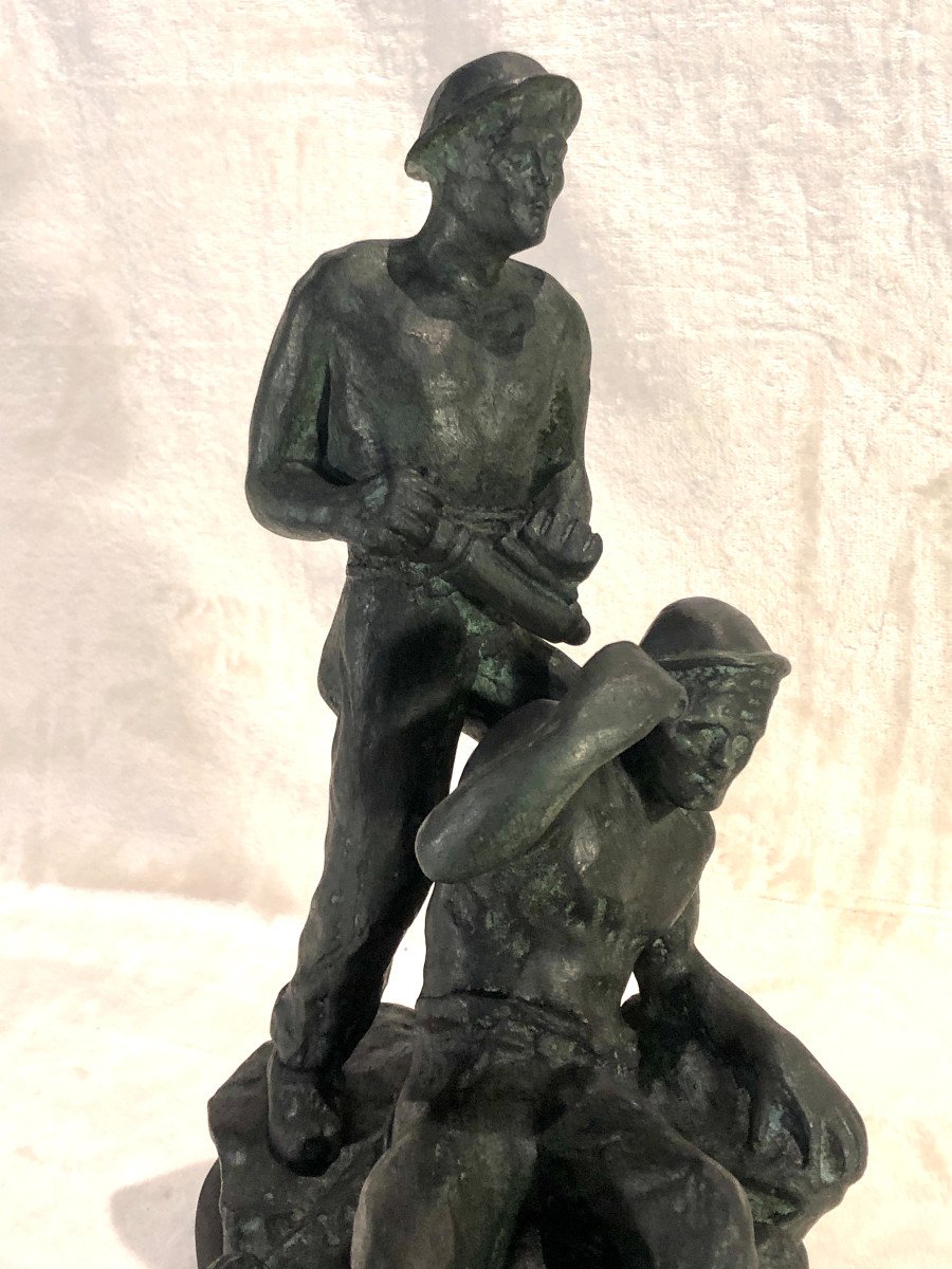 Bronze Sculpture - The Miners - Signed: F. Steenebruggen - 16 X 34 X 35cm-photo-4