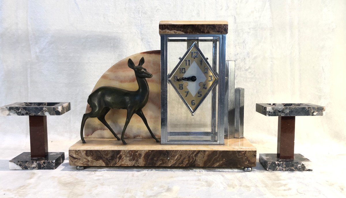 Art-deco Trim With Animal Bronze - Onyx Structure - Base: 14 X 43cm - H. 35cm