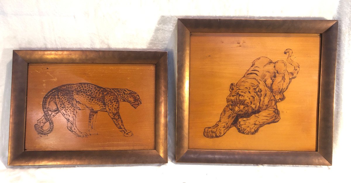 2 Framed Art Deco Wood Panels - Animal / Africanist Subject - Engraved In Wood