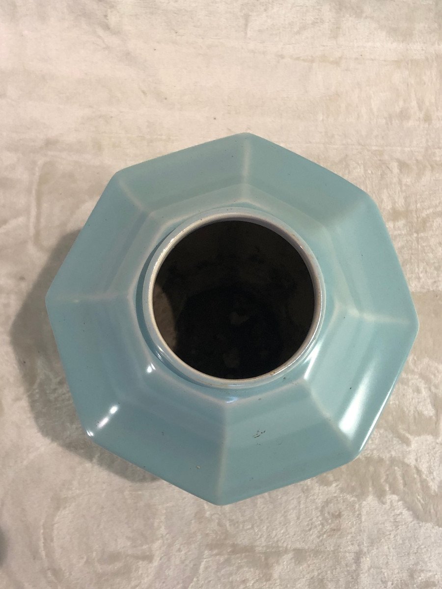 Plain Turquoise Vase - Boch Keramis - Geometric Shape - Size 28 X 18cm - Unreadable Boch Stamp-photo-2