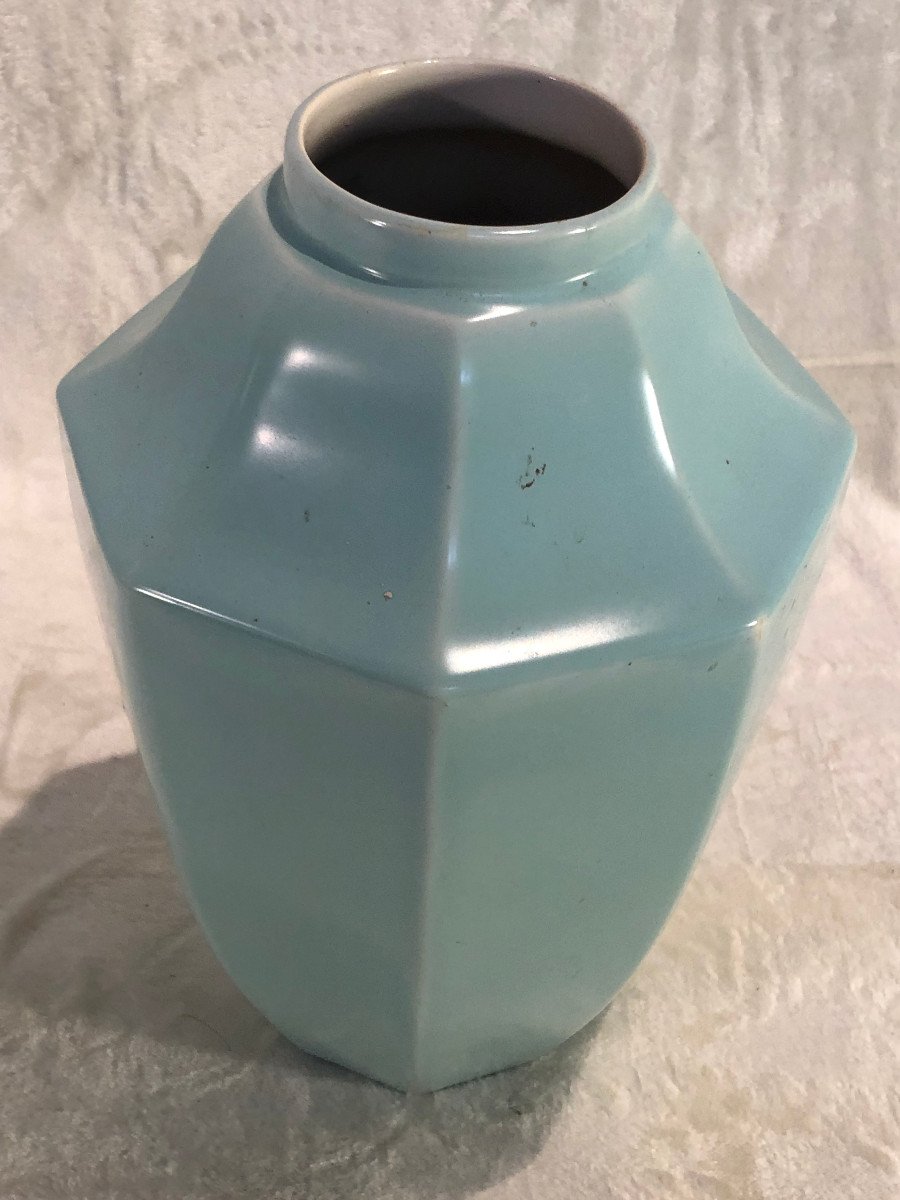 Vase Turquoise Unie - Boch Keramis - Forme Géométrique - Dim. 28 X 18cm - Cachet Boch Illisible-photo-3