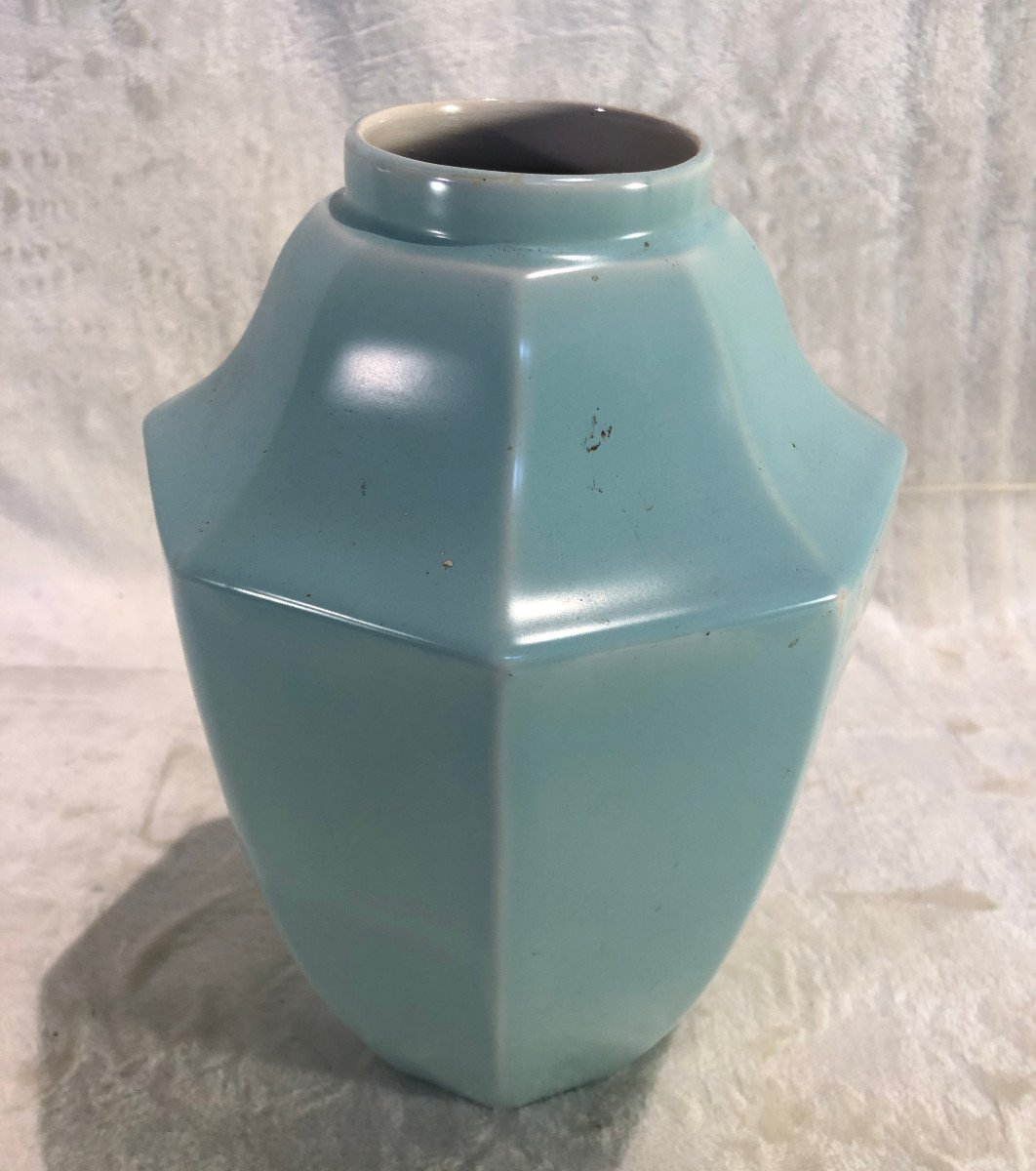 Vase Turquoise Unie - Boch Keramis - Forme Géométrique - Dim. 28 X 18cm - Cachet Boch Illisible