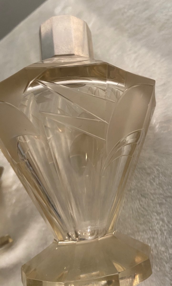 Constructiviste Flacons et bonbonnière en  Cristal et Argent Signé Albert Chalent Bruxelles( Cristal Karl Palda ?)-photo-8