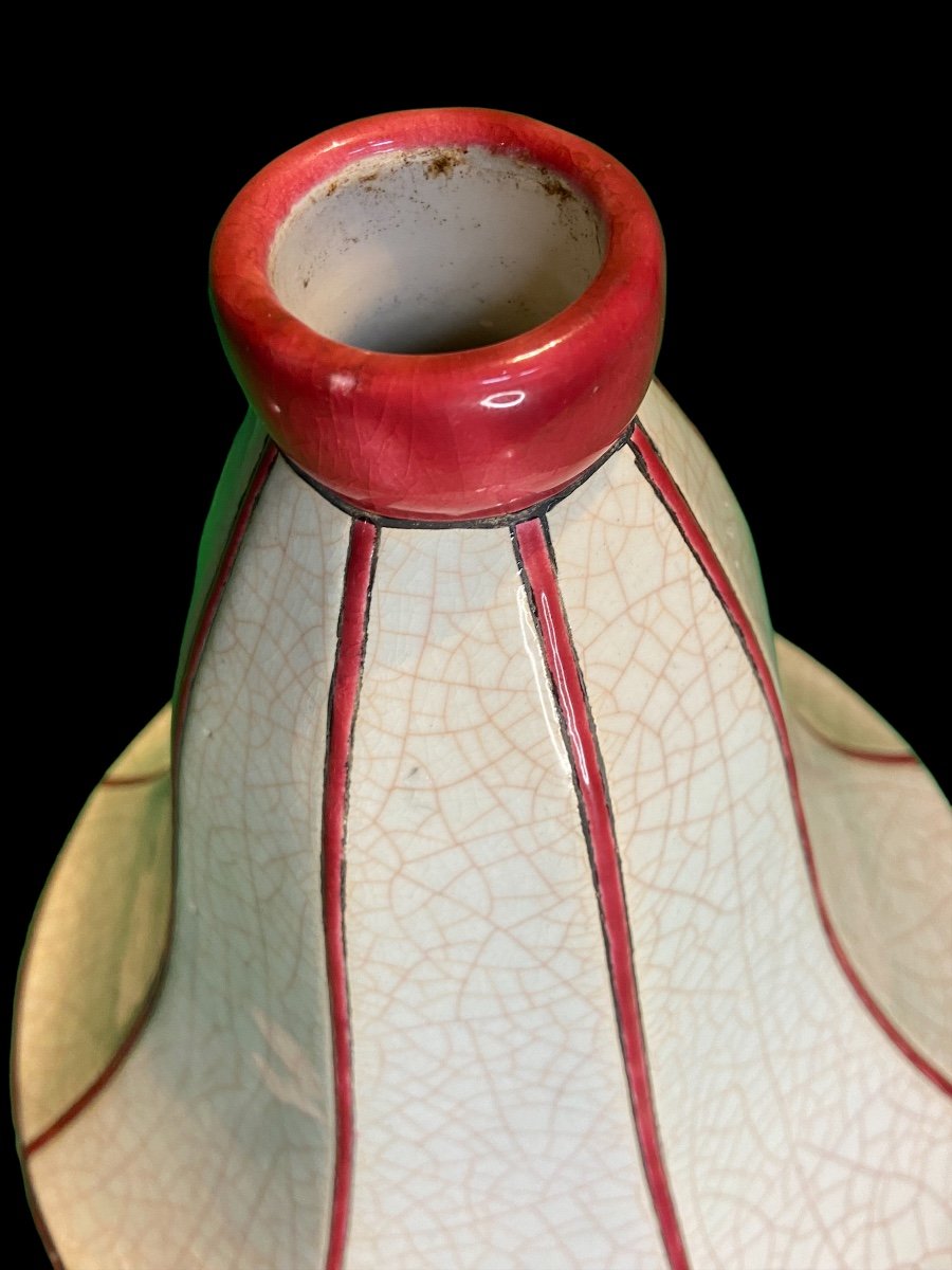 Vase Art-déco Longwy- Craquelé - Forme Géométrique Avec Fleurs Stylisées - Dim. 18x28x34-photo-2