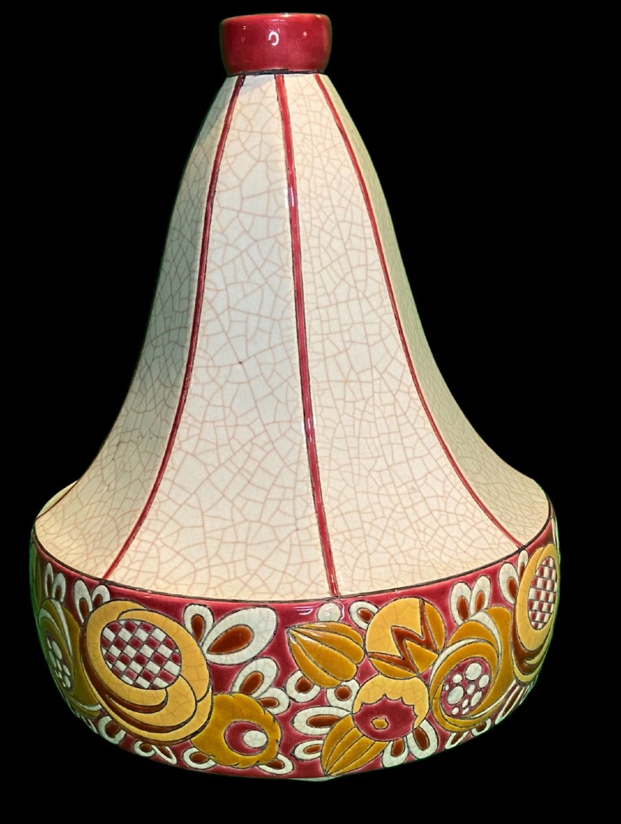 Art-deco Longwy Vase - Cracked - Geometric Shape With Stylized Flowers - Size 18x28x34-photo-4