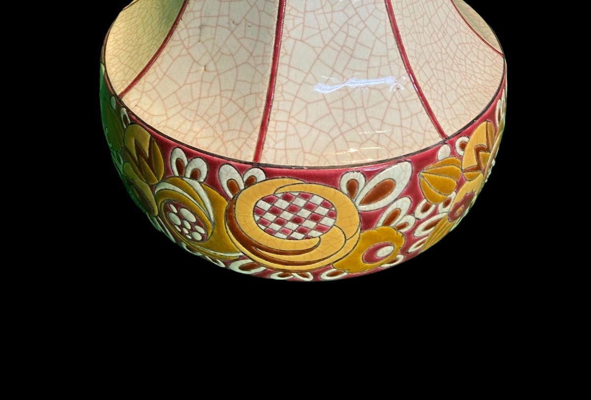 Vase Art-déco Longwy- Craquelé - Forme Géométrique Avec Fleurs Stylisées - Dim. 18x28x34-photo-2