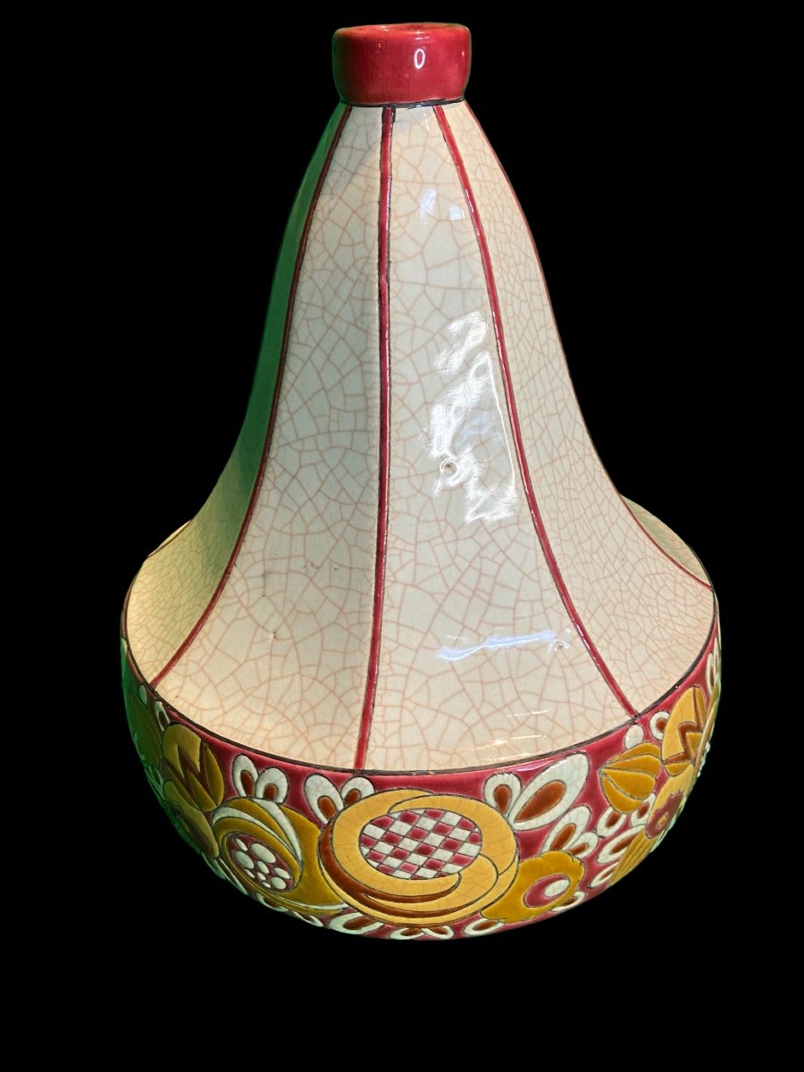 Vase Art-déco Longwy- Craquelé - Forme Géométrique Avec Fleurs Stylisées - Dim. 18x28x34