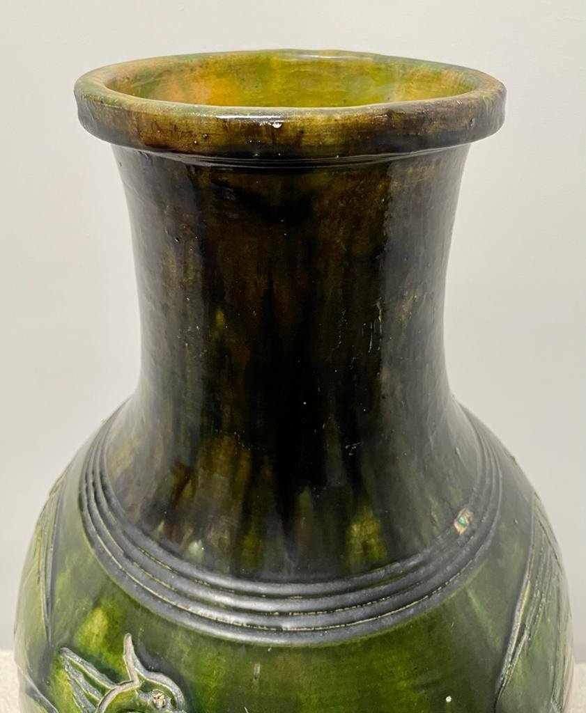 Large Art-nouveau Vase - Attribued Maes Pottery Workshop - Stylized Birds And Nature Decor-photo-2