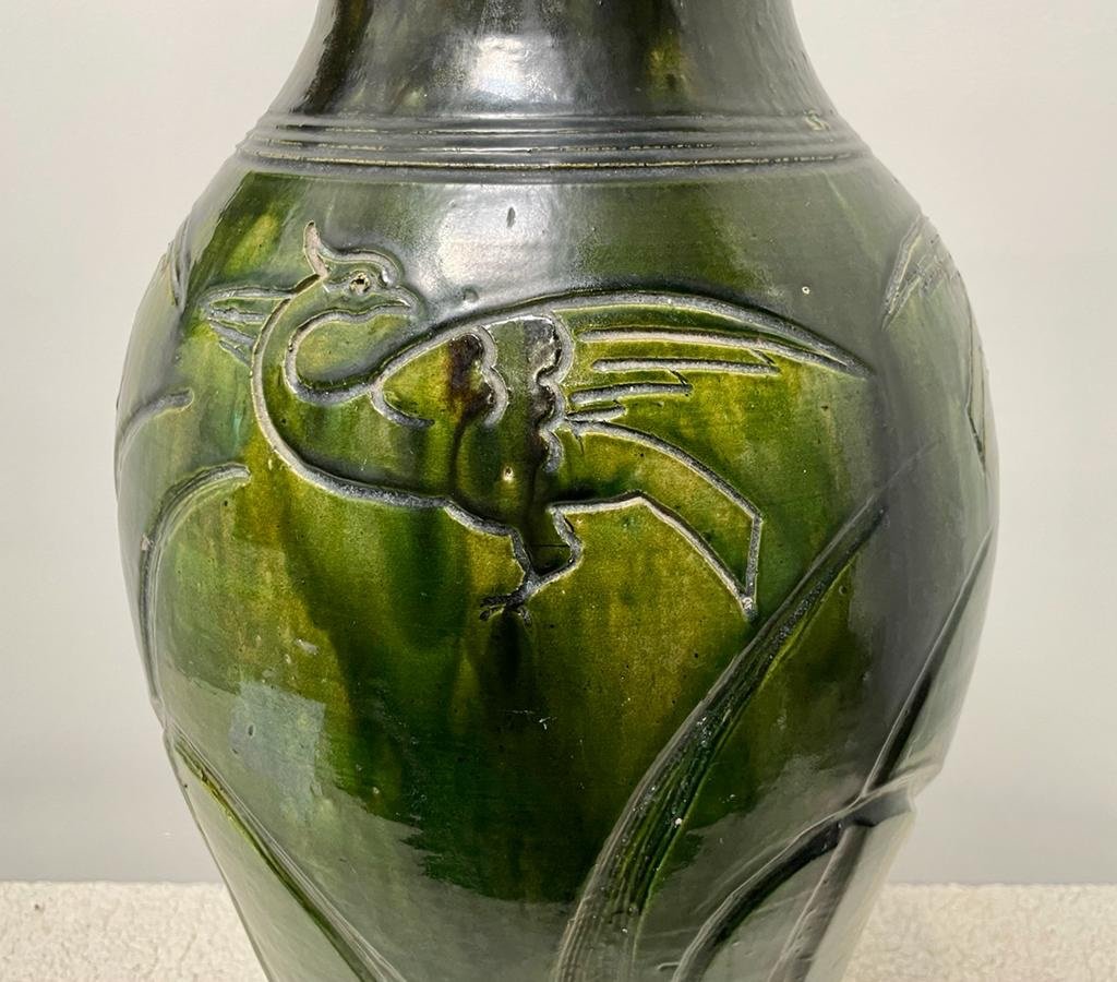 Large Art-nouveau Vase - Attribued Maes Pottery Workshop - Stylized Birds And Nature Decor-photo-3