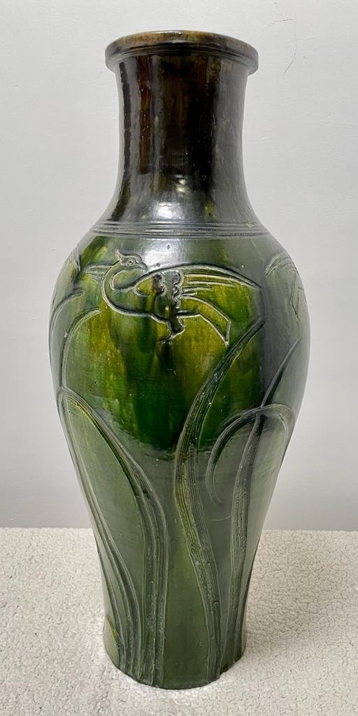 Large Art-nouveau Vase - Attribued Maes Pottery Workshop - Stylized Birds And Nature Decor