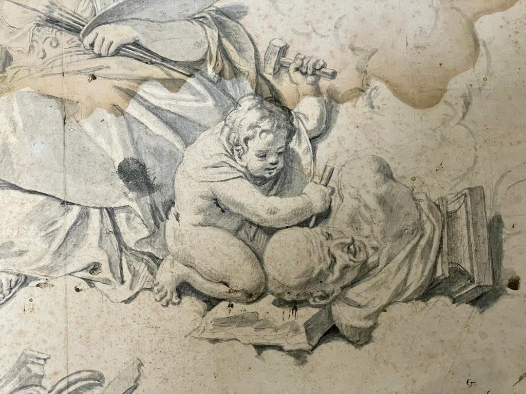 Allégorie Des Arts - Ecole Romaine Vers 1700 (mauvais état) - Crayon Et Gouache - Dim. 35 X 47