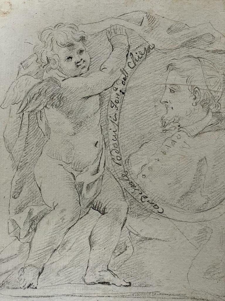 Study For A Portrait With Cherub - 17th - Black Pencil, Annotated At The Bottom - Dim. 17 X 23.5cm-photo-2